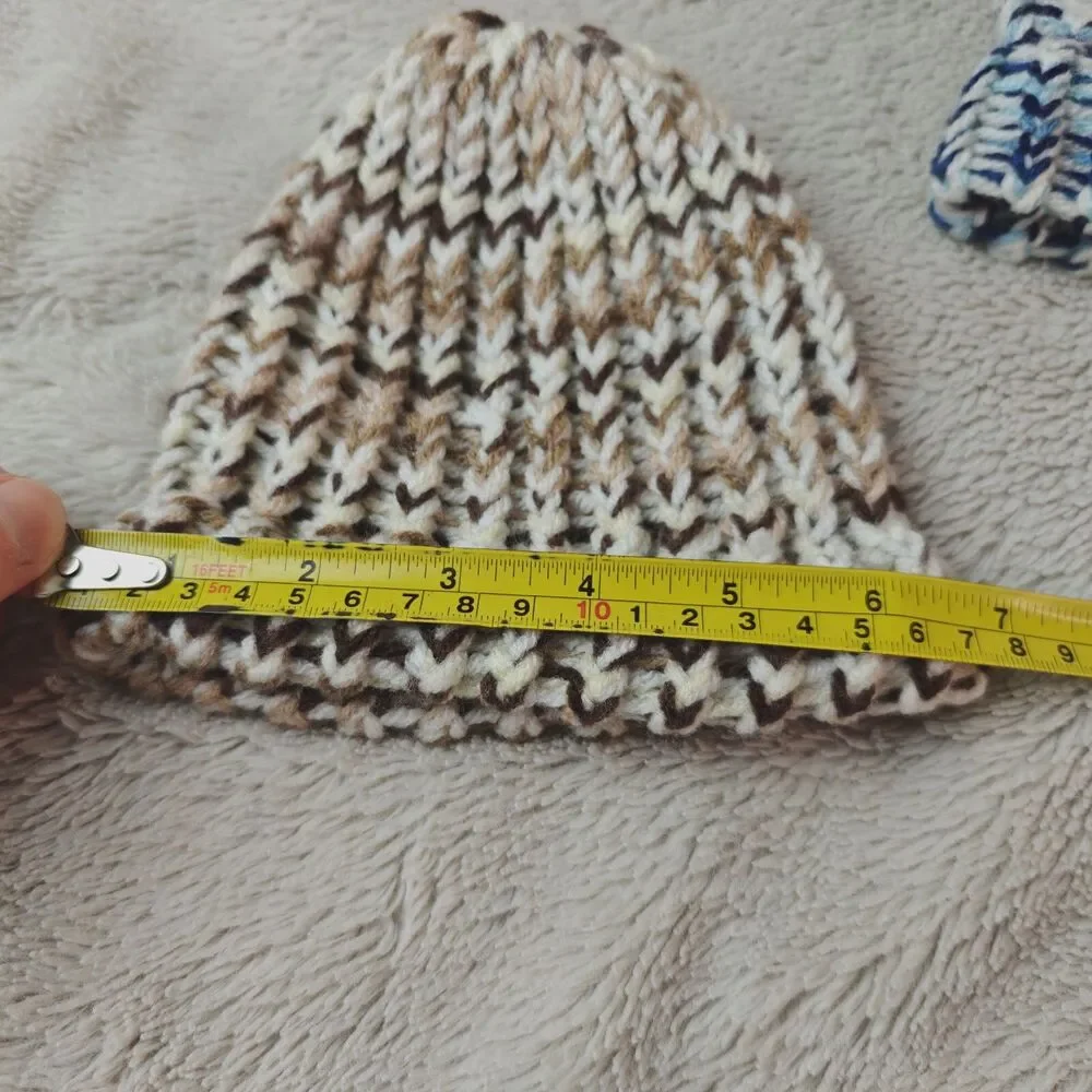 Infant Baby Unisex Hand Knitted Hat Beanie 2pc Bundle Beige Blue 0-3M
